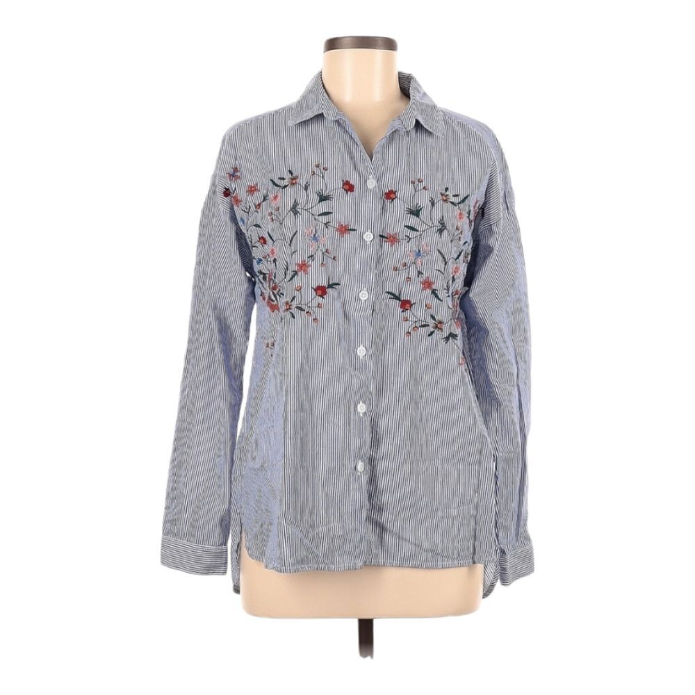 BeachLunchLounge Button-Down Shirt Size M Floral‎ Embroidery Blue White Striped